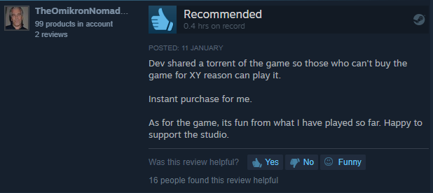 Steam reviews after he gave it away