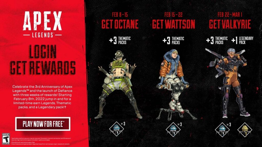Apex Legends Three Year Anniversary Celebration Free Login Rewards 